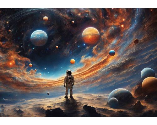 Fototapete eines Astronauten im unendlichen Raum, umgeben von Planeten und Sternen.