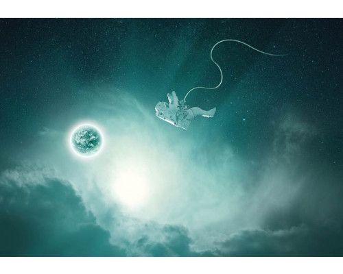 Ein Astronaut schwebt im Weltraum, umgeben von Sternen und Planeten, auf dieser beeindruckenden Weltraum-Fototapete.