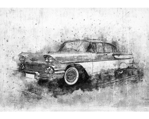 Retro-Autos in einem Gemälde auf Fototapete, perfekt für Vintage-Liebhaber.