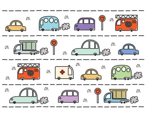 Verspielte Fototapete mit Autos für Kinderzimmer.