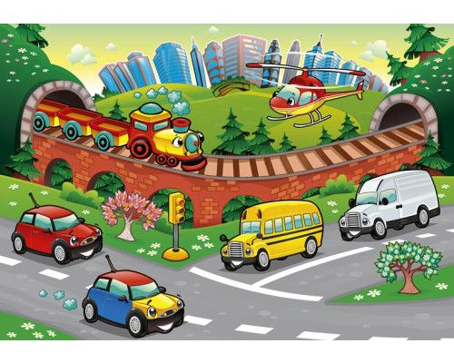 Fototapete mit bunten Autos für Kinder.