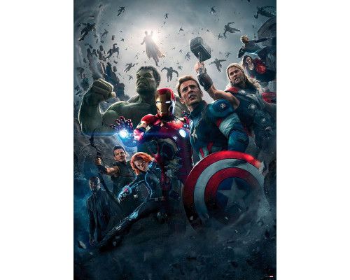 Fototapete Avengers Age of Ultron Movie Poster mit Iron Man, Captain America, Thor, Hulk, Black Widow, Hawkeye und Nick Fury in einer epischen Schlacht.