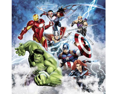 Marvel Avengers Fototapete mit Iron Man, Hulk, Thor, Captain America, Black Widow, Hawkeye und Falcon in einer dynamischen Actionszene.