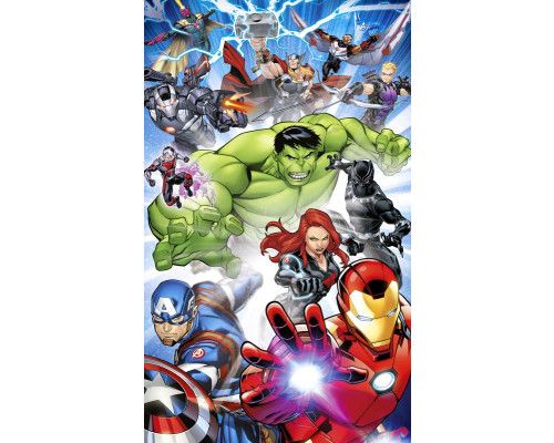Marvel Avengers Fototapete mit Iron Man, Hulk, Thor, Captain America, Black Widow, Black Panther und weiteren Superhelden in einer farbenfrohen Actionszene.