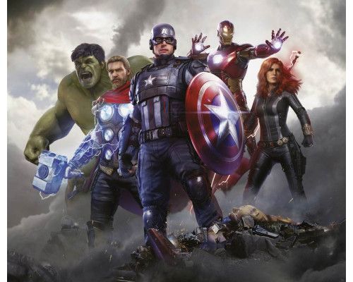 Marvel Avengers Fototapete mit Hulk, Thor, Captain America, Iron Man und Black Widow im gemeinsamen Kampf gegen das Böse.