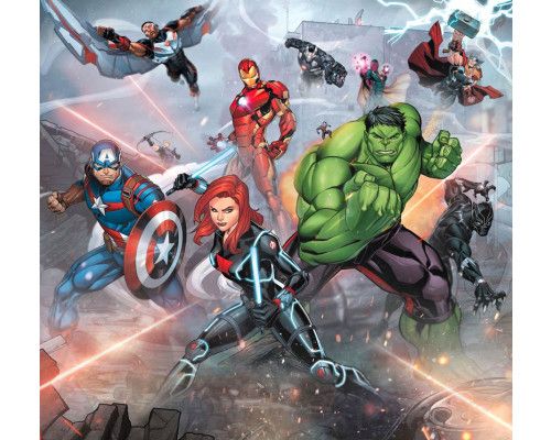 Fototapete Avengers Straße Rache, actiongeladene Szene mit Marvel-Figuren.