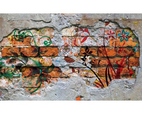 Fototapete mit einer gemalten Blumenwand auf einem Betonhintergrund.