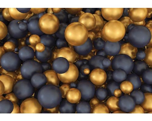 Fototapete mit goldenen und schwarzen Kugeln in 3D auf dunklem Hintergrund für einen luxuriösen und räumlichen Effekt.