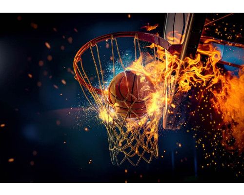 Fototapete eines Basketballs mit feurigen Effekten, in einer intensiven und sportlichen Umgebung.