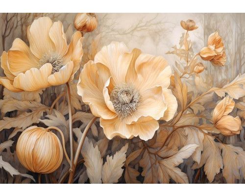 Beigefarbene Blumen stehen im Mittelpunkt dieser Fototapete, die vor einem ruhigen Hintergrund abgebildet ist.