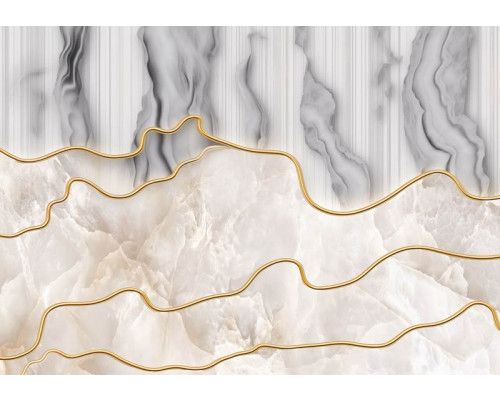 Fototapete aus beigem und grauem Marmor mit goldenen abstrakten Details, für ein modernes Interieur.