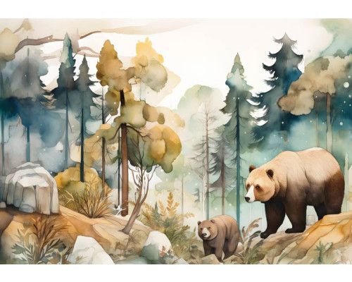 Bären, die durch einen Wald streifen, abgebildet in einem Aquarellstil auf dieser natürlich wirkenden Fototapete.