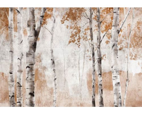 Fototapete mit Birken im Kunststil, in Aquarell gehalten.