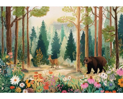 Fotobehang met tropische bladeren in groene tinten tegen een lichte achtergrond.