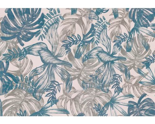 Fototapete mit Blättern in Blau und Grün, ein natürlicher und beruhigender Malstil, der die Natur ins Haus bringt.