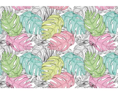 Fototapete mit Blättern in Pastellfarben, beruhigende und weiche Töne.