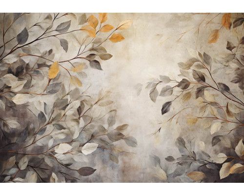 Blätter auf einer Betonwand, dargestellt auf einer malerischen Fototapete mit Naturdetails.
