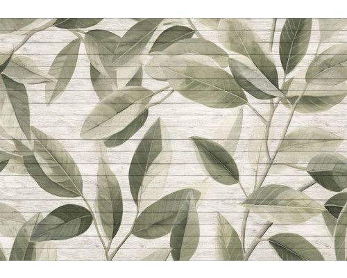 Fototapete mit Blättern auf Holzbrettern, mit einem natürlichen und rustikalen Look.