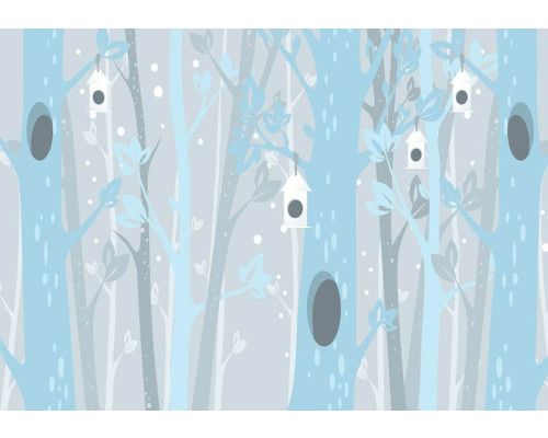Fototapete mit blauen Bäumen in einem Wald, geeignet für Babyzimmer.