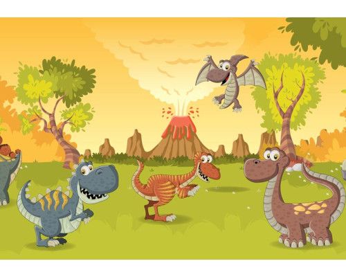 Glückliche Dinosaurier stehen vor einem Vulkan, während die prähistorische Umgebung auf diesem Fotohintergrund zum Leben erwacht.