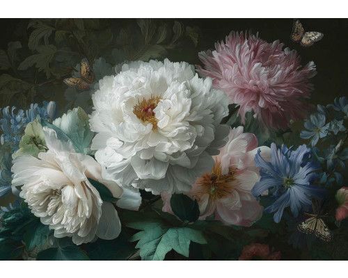 Fotobehang bloemen artistiek en klassiek met pioenen, chrysanten en vlinders tegen een donkere achtergrond.