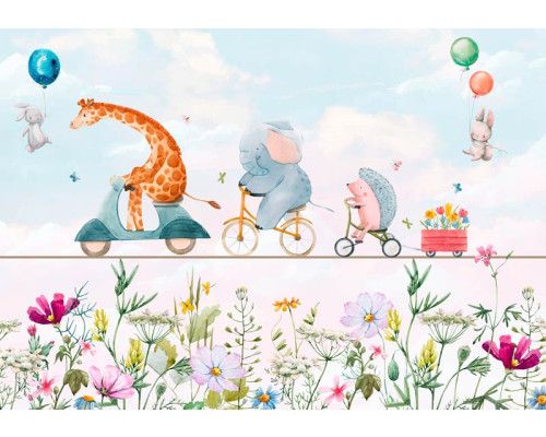 Kindertapeten mit Tieren wie Giraffen, Elefanten und Igeln, kombiniert mit Blumen.