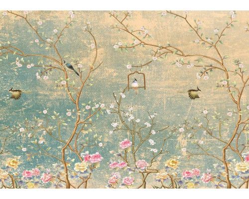 Fototapete Blumen und Vögel auf Grunge-Wand