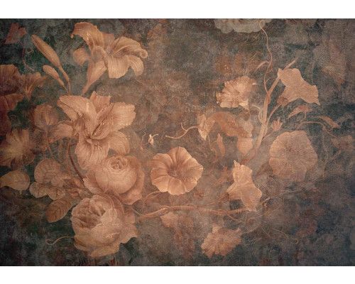 Vintage-Rosen auf einer Fototapete in einem weichen, romantischen Stil, mit detaillierten Blumen und Blättern.