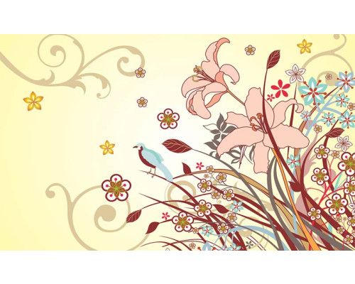 Fototapete mit einem künstlerischen Blumenmuster und bunten abstrakten Formen, perfekt für einen einzigartigen Raum.