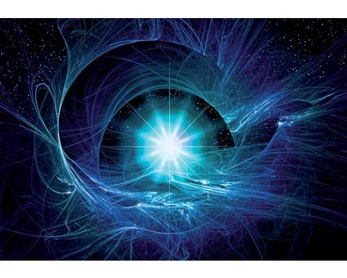 Blaue Supernova mit Sternen und Planeten im Universum, eingefangen auf dieser Fototapete mit einem tiefblauen Kosmos.