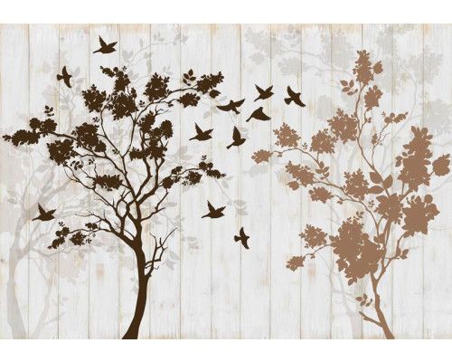 Fototapete mit Bäumen und Vögeln auf Holzbrettern, natürlich und rustikal.