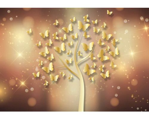 Fototapete mit einem glitzernden Baum voller Schmetterlinge, die in einem goldenen und abstrakten Stil dargestellt sind.
