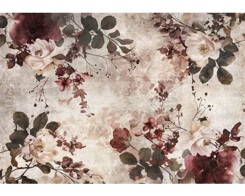 Fototapete mit burgunderroten Blumen auf einem Betonhintergrund, mit lebhaftem Farbkontrast.