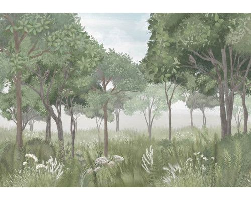 Fototapete eines Waldabenteuers für Kinder, mit einer spielerischen und phantasievollen Umgebung.