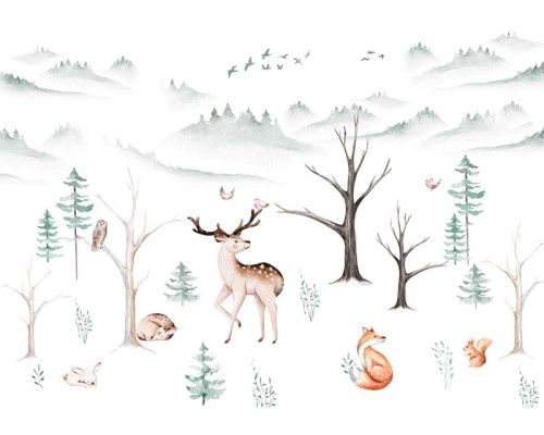 Fototapete mit abenteuerlichen Waldtieren, perfekt für Kinder, die die Natur und das Abenteuer lieben.