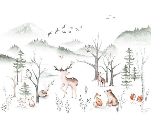 Fototapete mit Waldtieren in einer dichten Waldumgebung, mit leuchtenden Farben und natürlichen Strukturen.