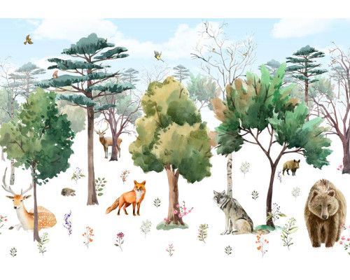 Fototapete mit Waldtieren wie einem Bären, einem Reh, einem Fuchs und Vögeln in einer malerischen Harmonie in einer Waldlandschaft.