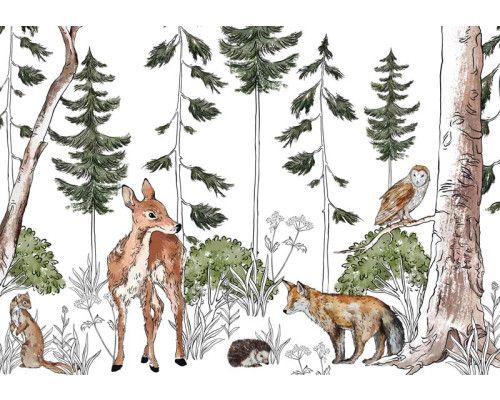 Kindertapete eines abenteuerlichen Waldes voller Tiere, mit einem Waldhintergrund und verspielten Waldtieren.