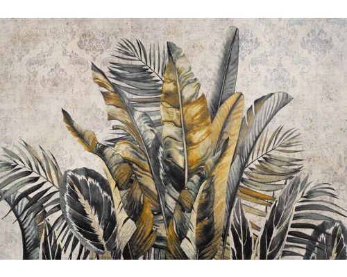 Fototapete mit botanischen Dschungelblättern in voller Pracht, auf Vliestapete für einen natürlichen Look.