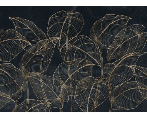 Eine Fototapete mit botanischen Blättern und goldenen Akzenten, die tropische Blätter mit raffinierten goldenen Details für ein luxuriöses Aussehen kombiniert.