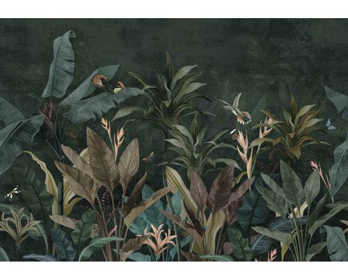 Fototapete einer botanischen Dschungel-Oase mit Pflanzen und Blättern, in einem natürlichen Stil.