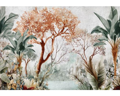 Fototapete mit botanischen Dschungelpflanzen auf Beton, mit einem tropischen und rustikalen Look.