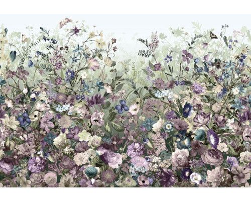 Ein botanischer Garten mit Blumen und Pflanzen, gerendert in einer abstrakten Fototapete für einen natürlichen Look.