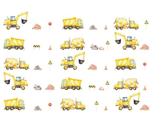Fototapete zum Thema Baustellenverkehr auf einer Baustelle mit Kinderfahrzeugen wie Bagger und LKW.