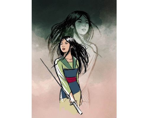 Die tapfere Mulan-Fototapete zeigt Mulan in harter Kampfpose vor einem nebligen Hintergrund mit traditionellen chinesischen Tempeln.