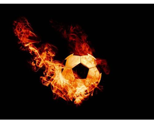 Fototapete eines brennenden Fußballs mit Flammen, perfekt für das Kinderzimmer oder das Zimmer eines Teenagers.