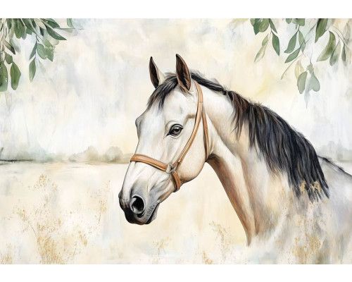 Charmant fotobehang met een wit paard in aquarelstijl, omgeven door zachte beige tinten en groene bladeren.