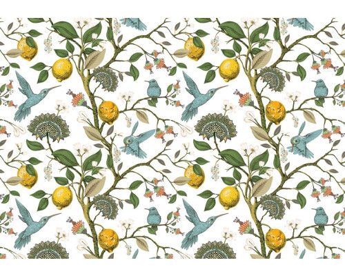 Fototapete mit Zitronen und Vögeln zwischen Blättern, in einer farbenfrohen Komposition.