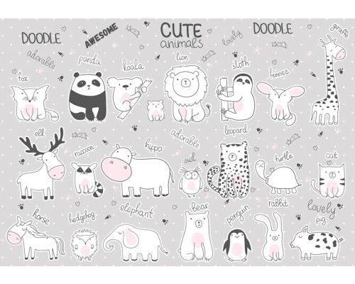 Fototapete mit niedlichen Tieren, ideal für Babyzimmer.