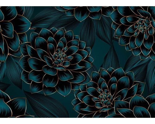 Fototapete mit wunderschönen Dahlien und goldenen Akzenten, perfekt für einen eleganten und luxuriösen Look.